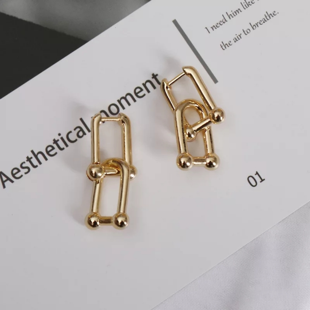 * New 925 Sterling Silver Double U Shaped Gold Tone Chunky Earrings
